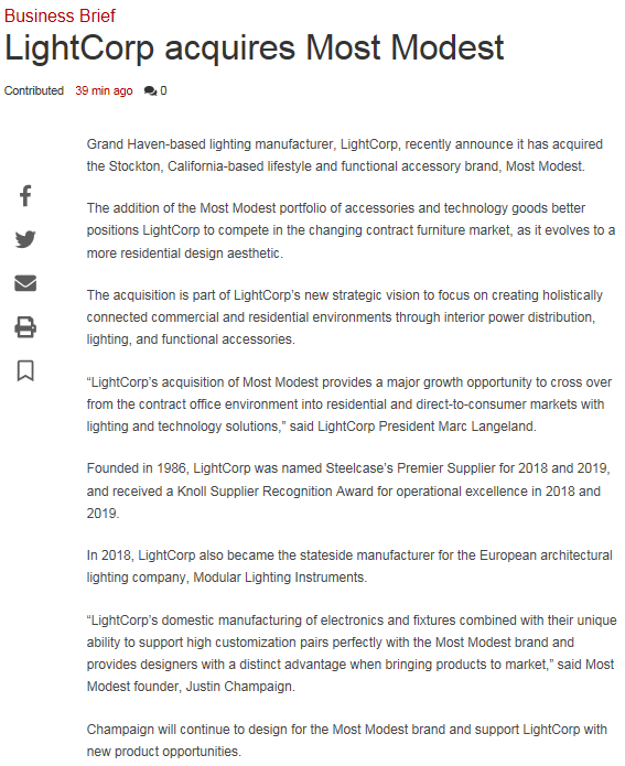 LightCorp acquires Most Modest