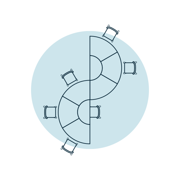 light blue circle with office benching outlines