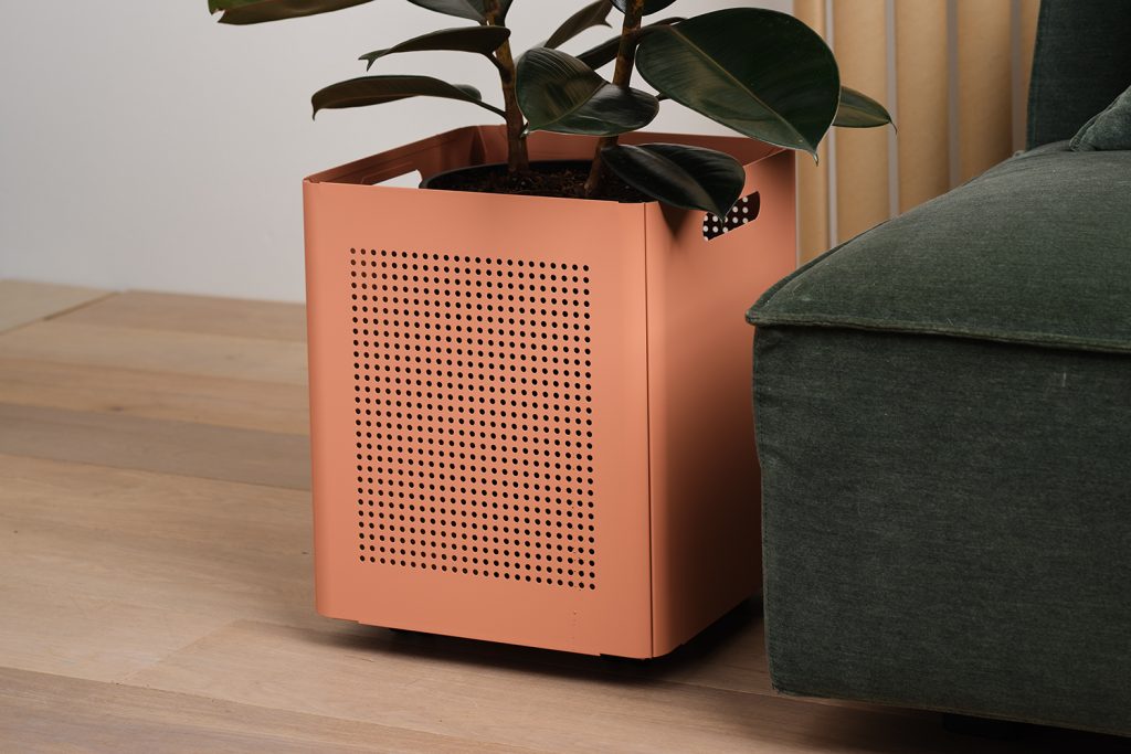 Silas storage planter with plant in Desert Rose finish