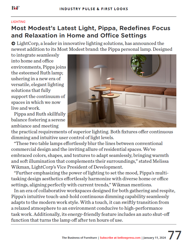 Pippa light in Business of Furniture Jan 11 2024 edition