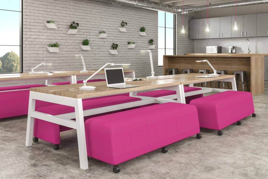 A collaborative office area with task lights for focused work